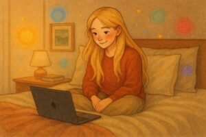 Menina sentada na cama, usando laptop.