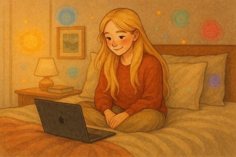 Menina sentada na cama, usando laptop.