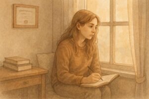 Pessoa escrevendo à luz do sol.