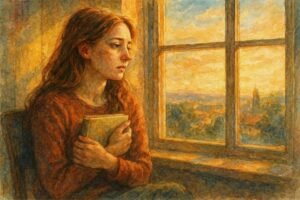 Jovem lendo à janela ao pôr do sol.