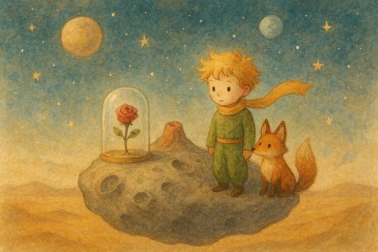 Príncipe, raposa e rosa em asteroide.