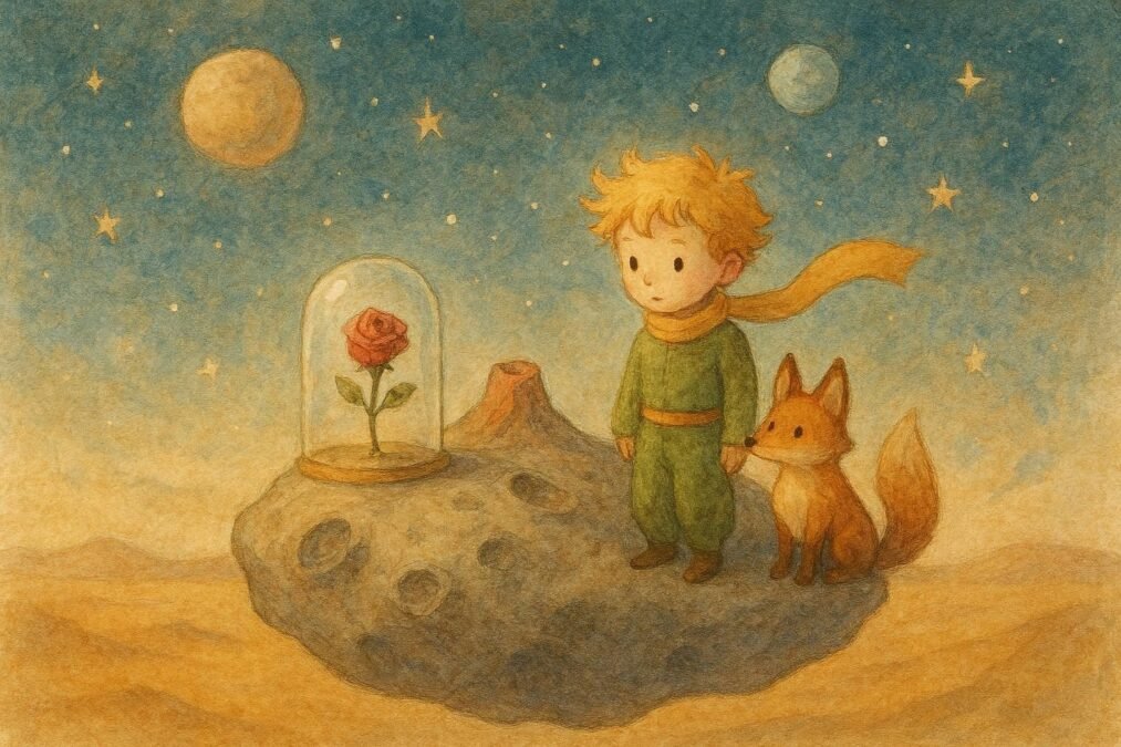 Príncipe, raposa e rosa em asteroide.