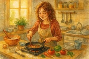 Mulher cozinhando em uma cozinha