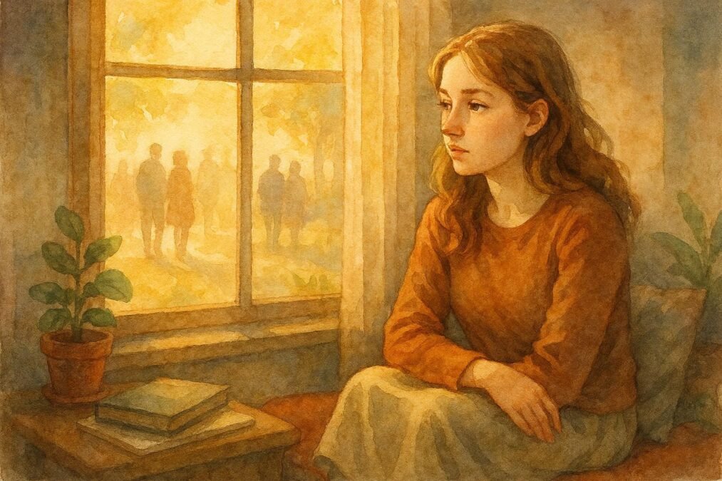 Mulher olhando pela janela triste.