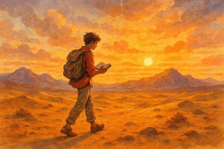 Menino lendo ao pôr do sol.