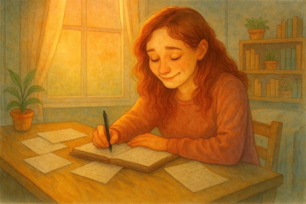 Pessoa escrevendo em um caderno.