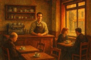 Café aconchegante com clientes conversando.