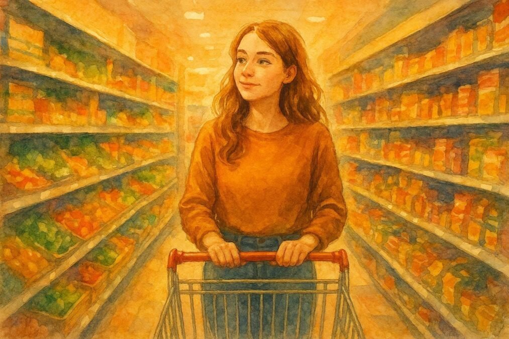 Mulher empurrando carrinho de compras.