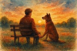 Homem e cachorro assistindo ao pôr do sol.