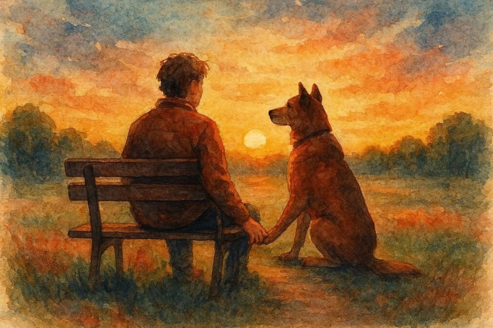 Homem e cachorro assistindo ao pôr do sol.